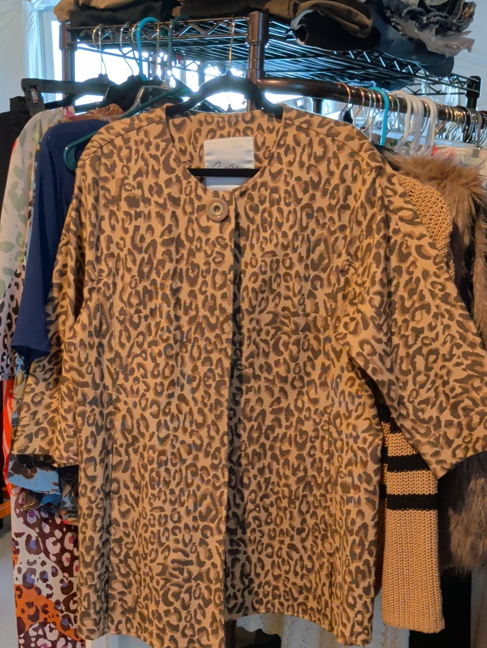 Women's Leopard Print Open Front Blazer - Tan/Black